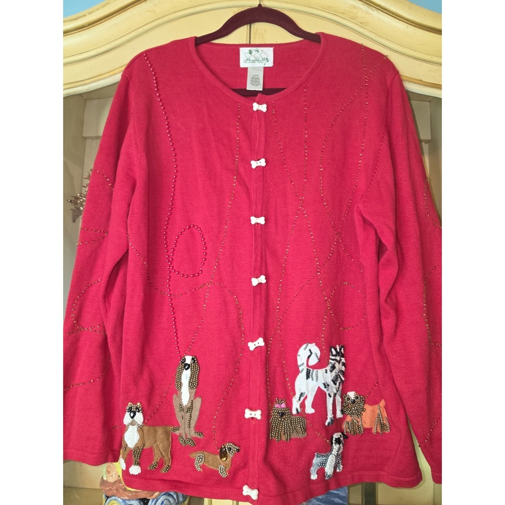 Quacker Factory Womens L Dog Breed Beaded Cardigan Sweater Red Holiday Buttons